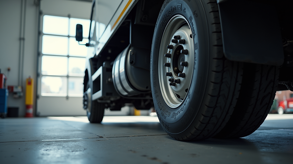 Eye-level view of a commercial truck getting tire maintenance