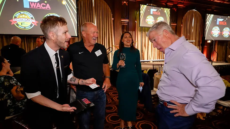 Close-up magic reveal at the Wall and Ceiling Alliance black tie award banquet in San Francisco