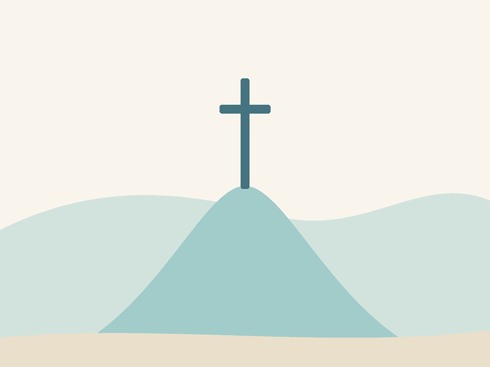 Illustration of a cross standing on top of a sea-green hill
