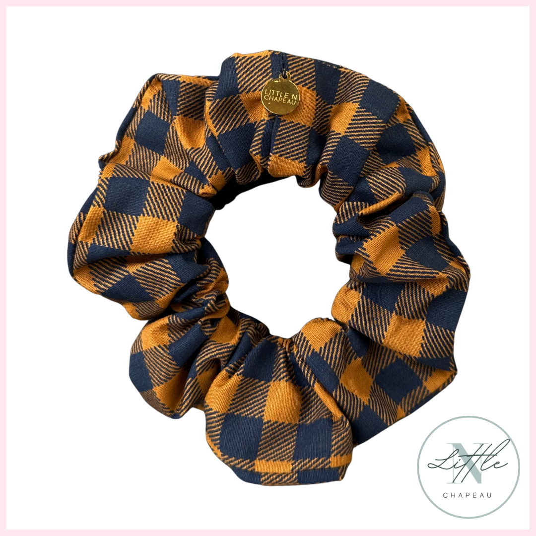 Chouchou en coton - Motif à carreaux camel & marine