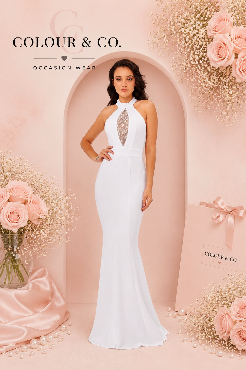 white embellished halter maxi dress