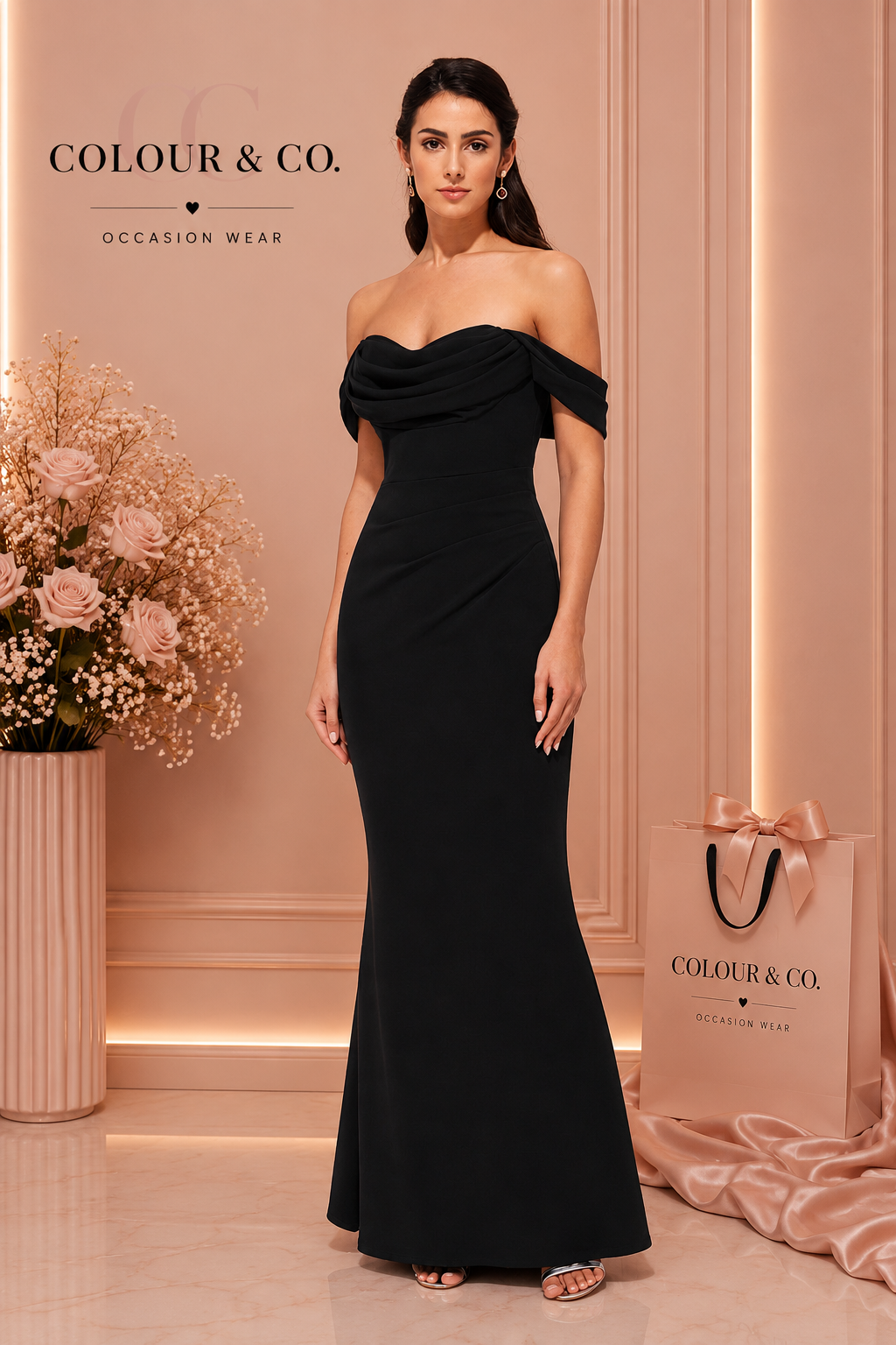 black off-the-shoulder occasion gown