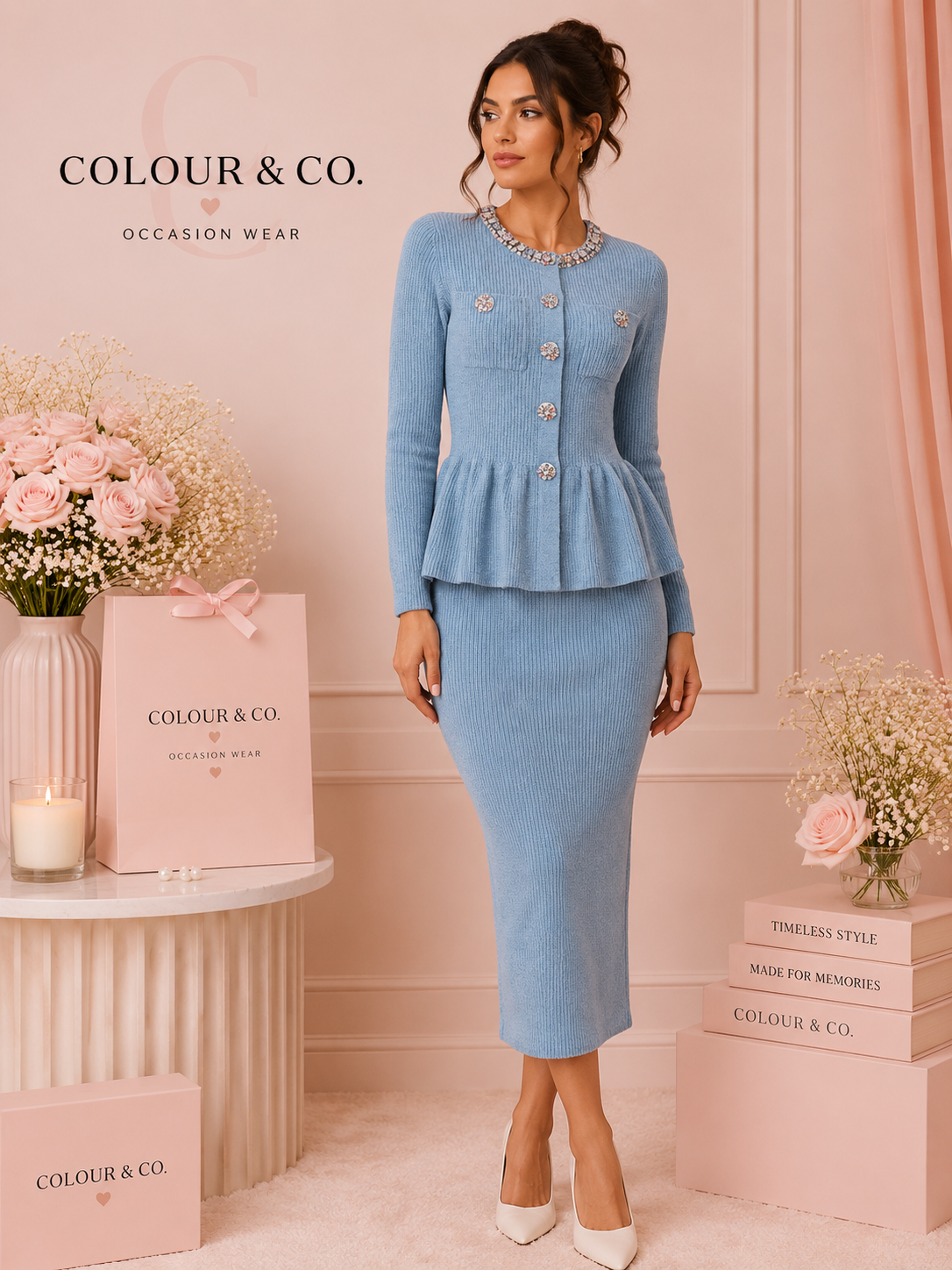 powder blue knitted peplum skirt set