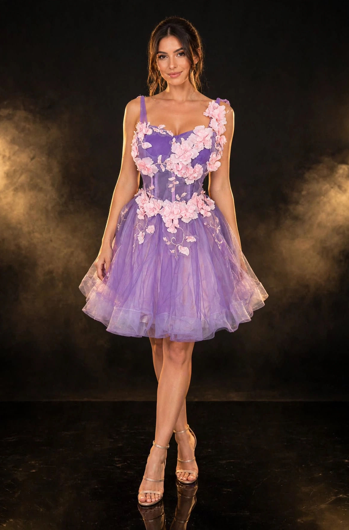LILAC BLOSSOM CORSET TULLE MINI DRESS - 3D Floral