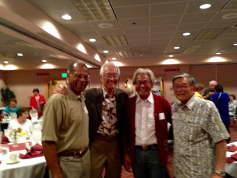 Norm played in the 110's basketball team at San Jose High School in the '47-'48 season and I played in the 120's team. At the end of the season there were two players who apparently didn't have enough playing time or quarters to earn a Block SJ: Norm and I. But we finally were awarded our block SJs. In my 1948 yearbook, The Bell, Norm signed "To a fellow player who nearly missed his block by one quarter. Norman Mineta." We often recall that event in our reunions. The photo was taken at our SJHS reunion in August 2015 at Mariani's Inn & Restaurant, Santa Clara: the athletes of over 60 years ago: John Ratliff, Grayson Taketa, Robert Ragsac and Norm.