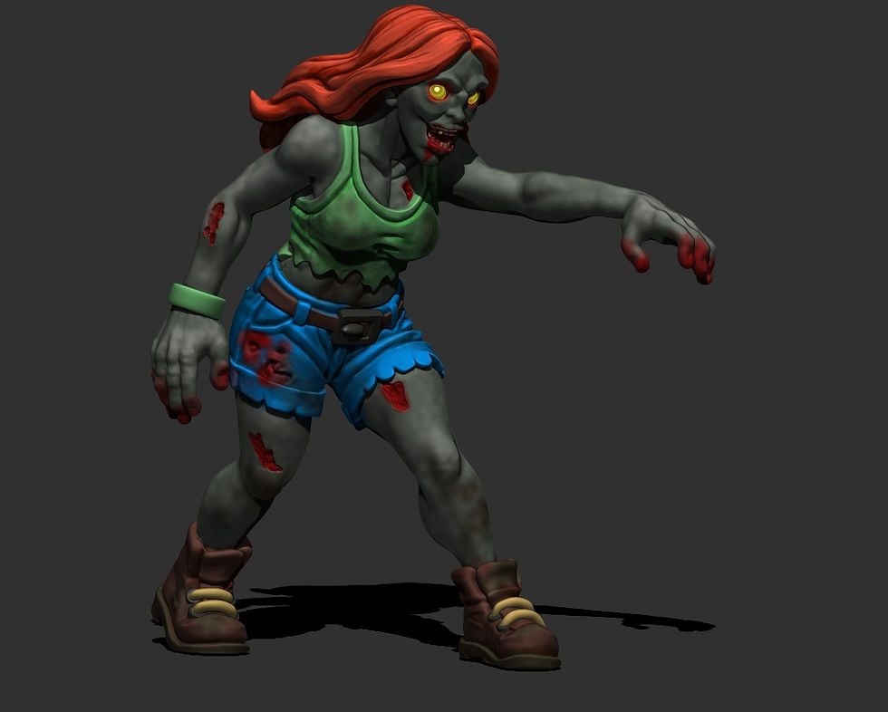 Seitenansicht der stilisierten Zombie Woman 3D-Miniatur mit ausdrucksstarker Haltung und detaillierter Kleidung.