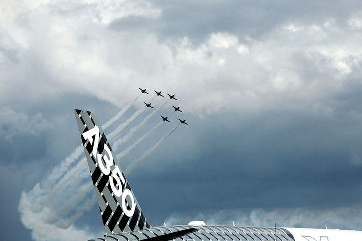 ILA Berlin Air Show, Flugzeug, A350, Himmel, Wolken, Flugshow, BER Flughafen Berlin-Brandenburg, Messefotografie, Eventfotografie