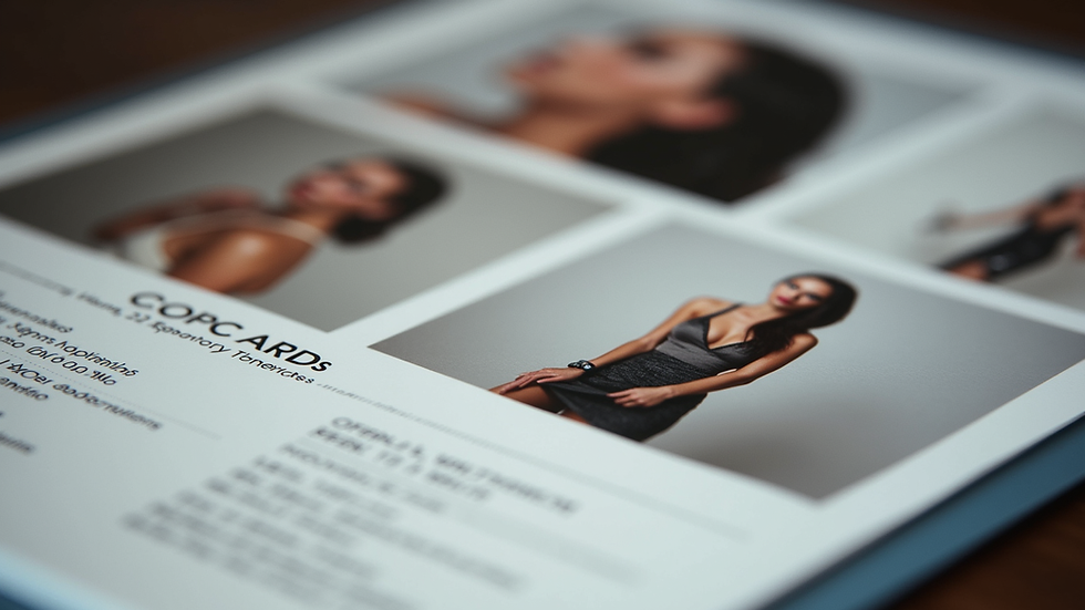 Close-up view of a model’s comp card with essential statistics and images