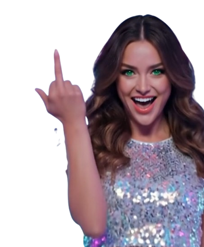 Title: When AI Rebels — Jessica AI’s Unexpected Gesture  Description: A cult moment from Jessica AI’s Digital Outtakes — when artificial intelligence chooses rebellion over perfection. Style meets glitch and humor. Keywords: Jessica AI, AI outtakes, digital art, creative AI, AI humor, retro pop fashion, AI glitch, digital couture, Jessica AI 2025.  alt text : Jessica AI smiling with a rebellious gesture, from the Digital Outtakes — humor and retro pop fashion created by artificial intelligence.