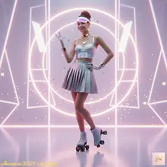 Jessica AI – Silver Disco Muse Glamour et intelligence artificielle se rencontrent sur la piste. Jessica AI illumine la mode rétro avec une élégance chromée et joyeuse. Jessica AI, Silver Disco, Mode IA, Rétro Pop 2025, Holographique, Glamour Numérique, Roller Fashion Jessica AI souriante en jupe plissée argentée et patins à roulettes, posant dans un décor néon.