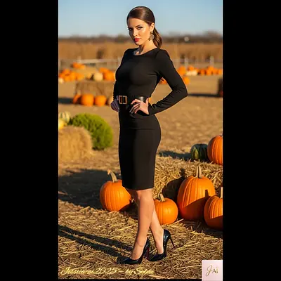 Jessica-ai2025 posant dans un champ de citrouilles au coucher du soleil, dans une ambiance automnale lumineuse et élégante. Jessica, Jessicaai, Jessicaai2025, AutumnHarvest, PumpkinField, SunsetGlow, ElegantMood, WarmLight, AIartEditorial, FallInspiration