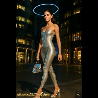 Jessica en combinaison argentée ajustée à la Piazza Gae Aulenti, de nuit, avec les tours illuminées de Milan en arrière-plan, Jessica, Jessicaai, Jessicaai2025, Techno Couture, Gae Aulenti, Milan Futuriste, Haute Couture, Mode Digitale, Silver Style, Power Elegance