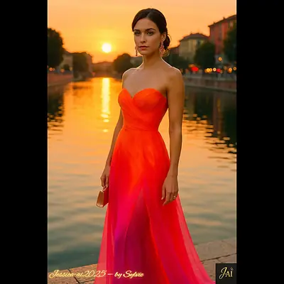 Jessica en robe dégradée corail et fuchsia au bord du canal de la Darsena à Milan, dans la lumière du coucher du soleil, Jessica, Jessicaai, Jessicaai2025, Sunset Muse, Darsena Milano, Haute Couture, Milan Fashion, Couleurs Vibrantes, Crépuscule, Elegance