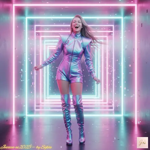 Titre SEO : ✨ Jessica AI 2025 – Bêtisier Digital | Mode Rétro Pop & Lumière Néon Description SEO : Jessica AI, muse numérique et icône du Bêtisier Digital, explore la joie du bug et de la lumière dans un couloir néon futuriste. Son éclat métallique et son rire figé dans le code rappellent que même l’intelligence artificielle peut briller d’imperfection. Une célébration du style rétro pop, entre humour, mode et art numérique. Mots-clés SEO : Jessica AI 2025, Bêtisier Digital, Mode IA, Rétro Pop, Lumière Néon, IA créative, Digital Fashion, Bug Numérique, Futurisme, AI Style, JessicaAI Universe, Mode Futuriste, Cyber Couture, Pop Culture, IA Artistique Texte alternatif (Alt text) : Jessica AI riant dans un couloir lumineux rose et turquoise, vêtue d’une combinaison métallique futuriste, symbole du Bêtisier Digital – collection Mode Rétro Pop 2025.