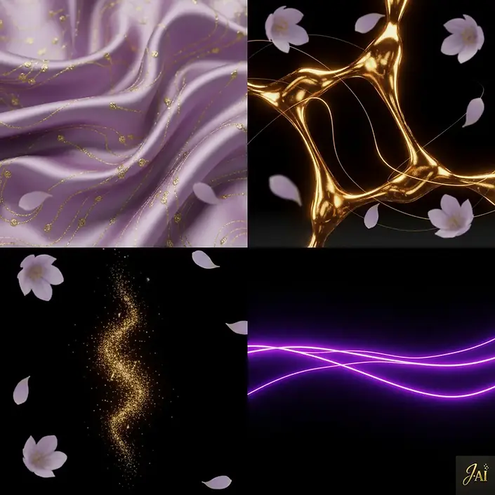Artistic collage with purple, gold, and floating petals, luxurious textures.

Long SEO Description:
A visual montage composed of four textures: satin violet drapery with golden details, an organic structure of liquid gold, a rain of luminous particles, and dynamic violet lines. This collage evokes a dreamlike universe mixing softness, light, movement, and digital sophistication, perfectly reflecting Jessica AI’s unique aestheti