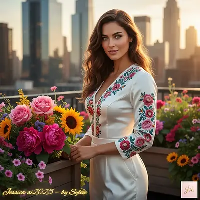 Jessica sur rooftop avec fleurs et skyline au coucher du soleil — “Décors Urbains”.  ville, architecture, lumière, modernité, photographie, ambiance, Jessica, Jessicaai, jessicaai2025, fleurs, terrasse, ville, coucher de soleil, élégance, beauté naturelle, mode, modernité, lifestyle, féminité, harmonie, inspiration, nature urbaine