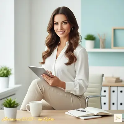 Jessica, assise à son bureau, vêtue d’une chemise blanche élégante, tient une tablette et sourit. L’ambiance est professionnelle et lumineuse, avec des plantes et des dossiers en arrière-plan. — “Q&A”.  Jessica, Jessicaai, jessicaai2025, professionnelle, travail, bureau, business, leadership, femme, entrepreneuriat, confiance, succès, technologie, tablette, motivation, questions, réponses, partage, inspiration, authenticité, échange