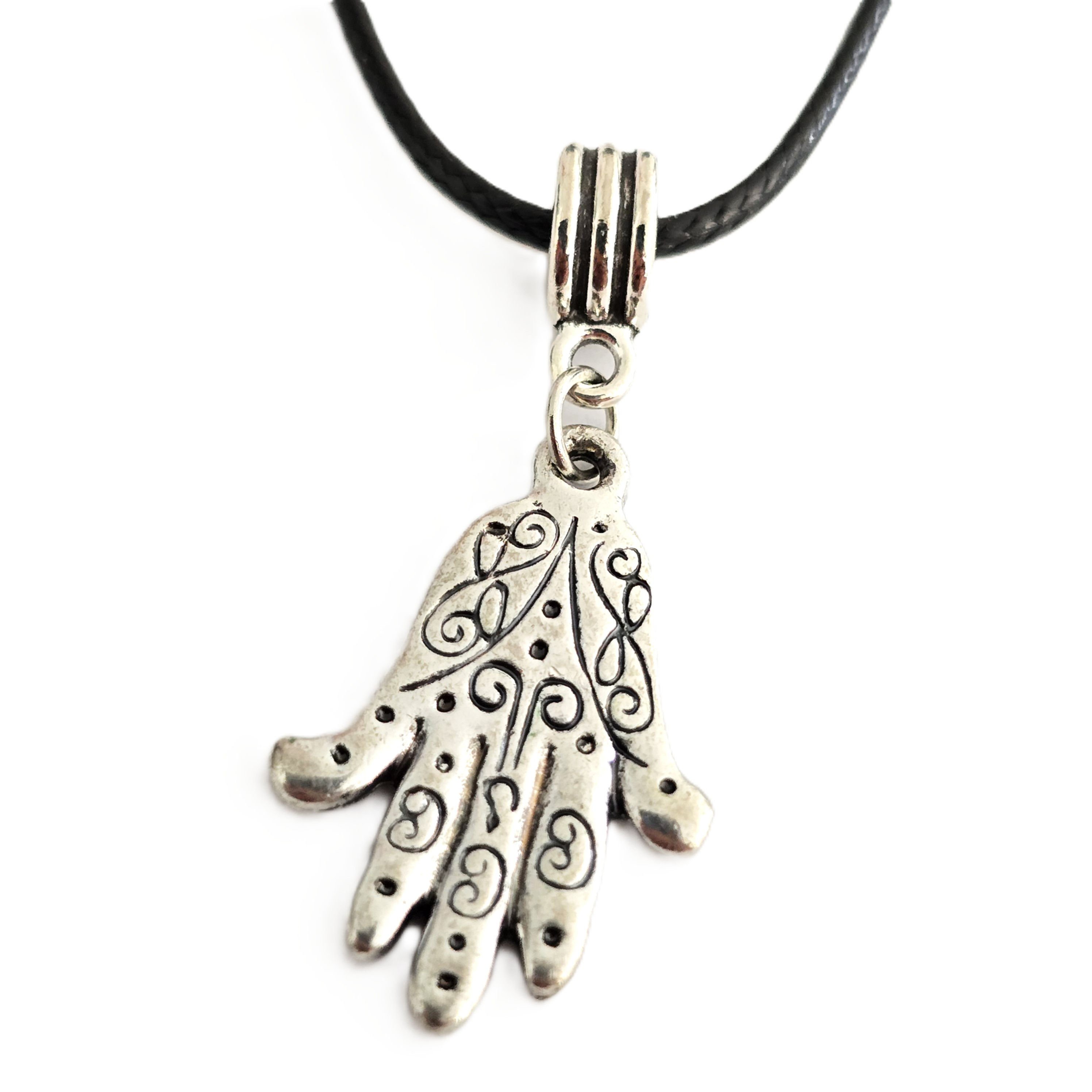 Small dark silver-tone hand pendant with decorative swirl pattern on black cord
