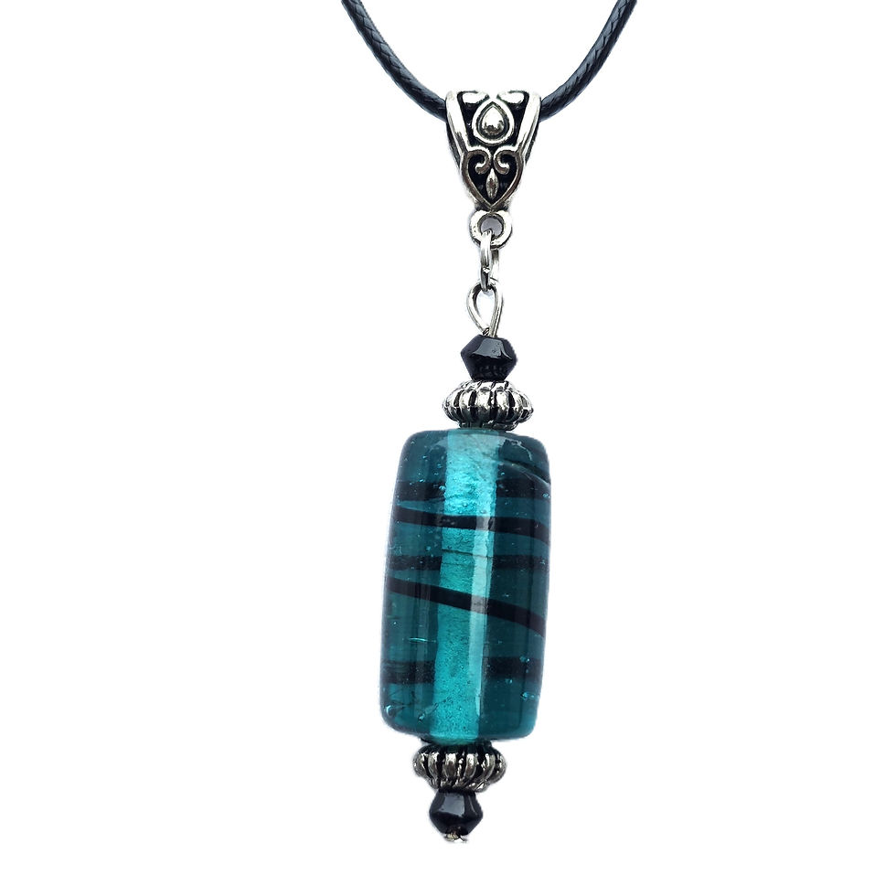 Green glass pendant with black swirl design, silver-tone bail and black cord