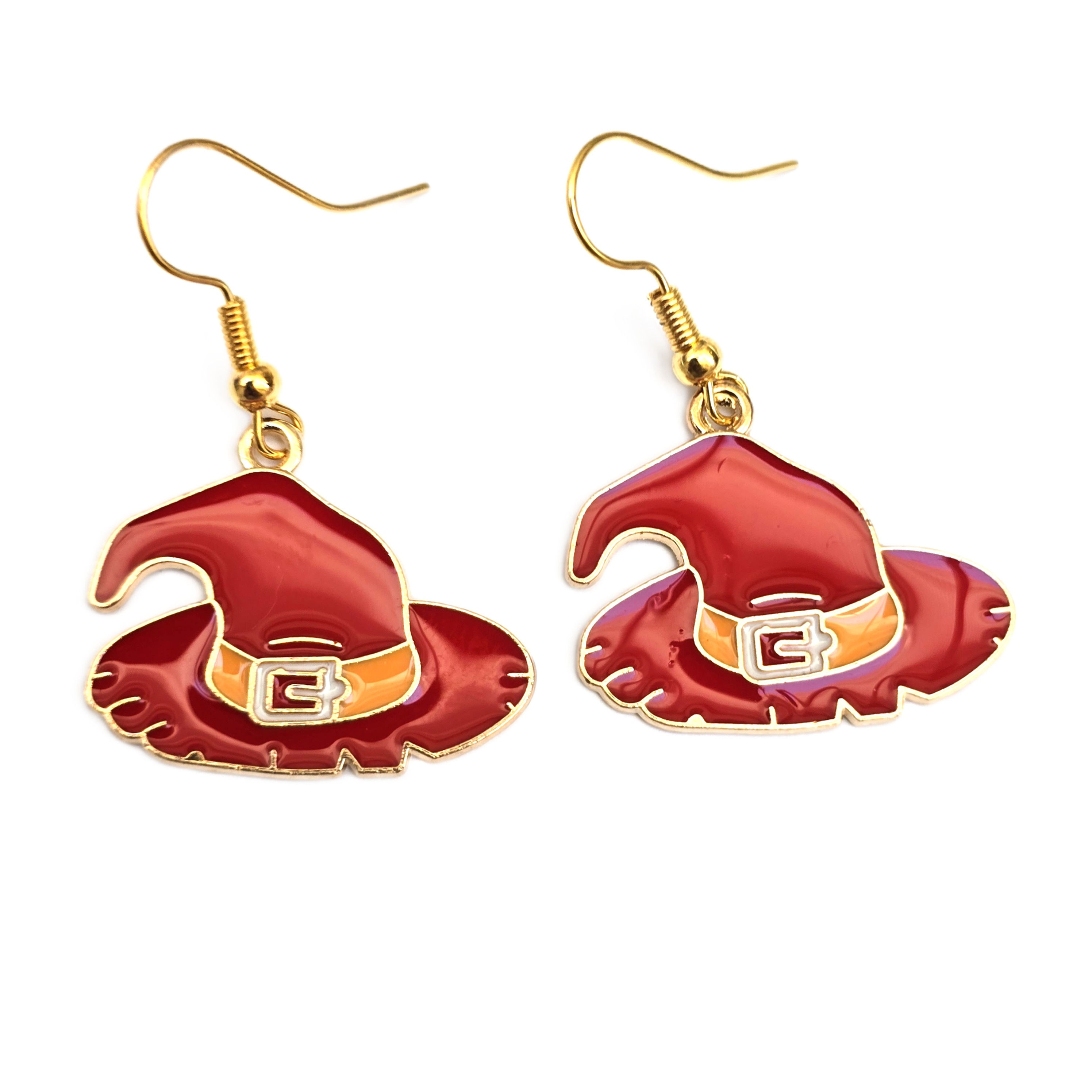Red witch hat Halloween drop earrings with orange buckle and gold-tone hooks