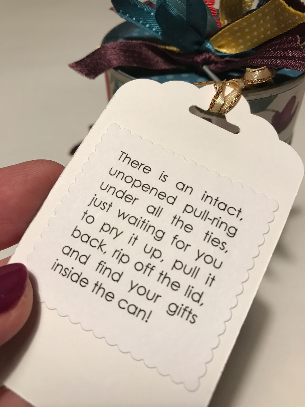 Explanation message on back of white tag / Gift-in-a-Can: Fill, Seal, & Tag It (Part 4) / www.HoneycombOasis.com