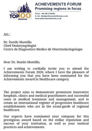 ACHIEVEMENTS AWARD IN HEALTHCARE CATEGORY, nominación al Dr. Danilo Mantilla, por el Achievements Forum 2020, en Londres - United Kingdom,