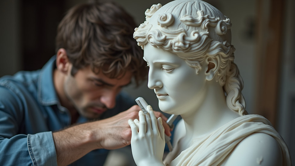 Close-up view of a sculptor carving a marble statue