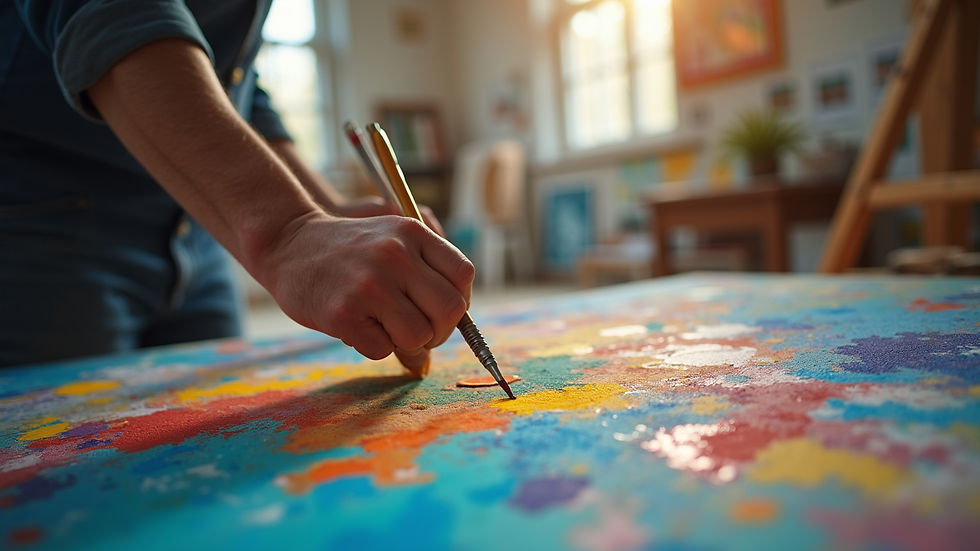 Eye-level view of a painter working on a colorful canvas