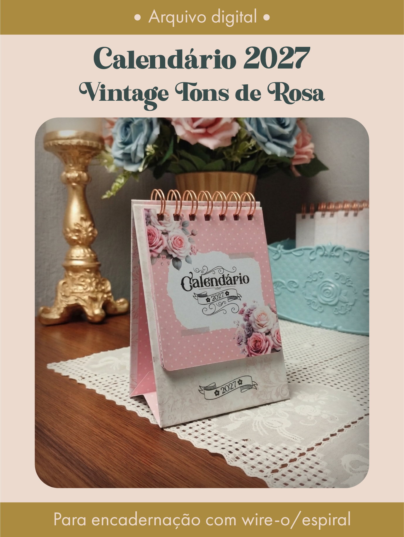 Calendário 2027 Vintage Tons de Rosa