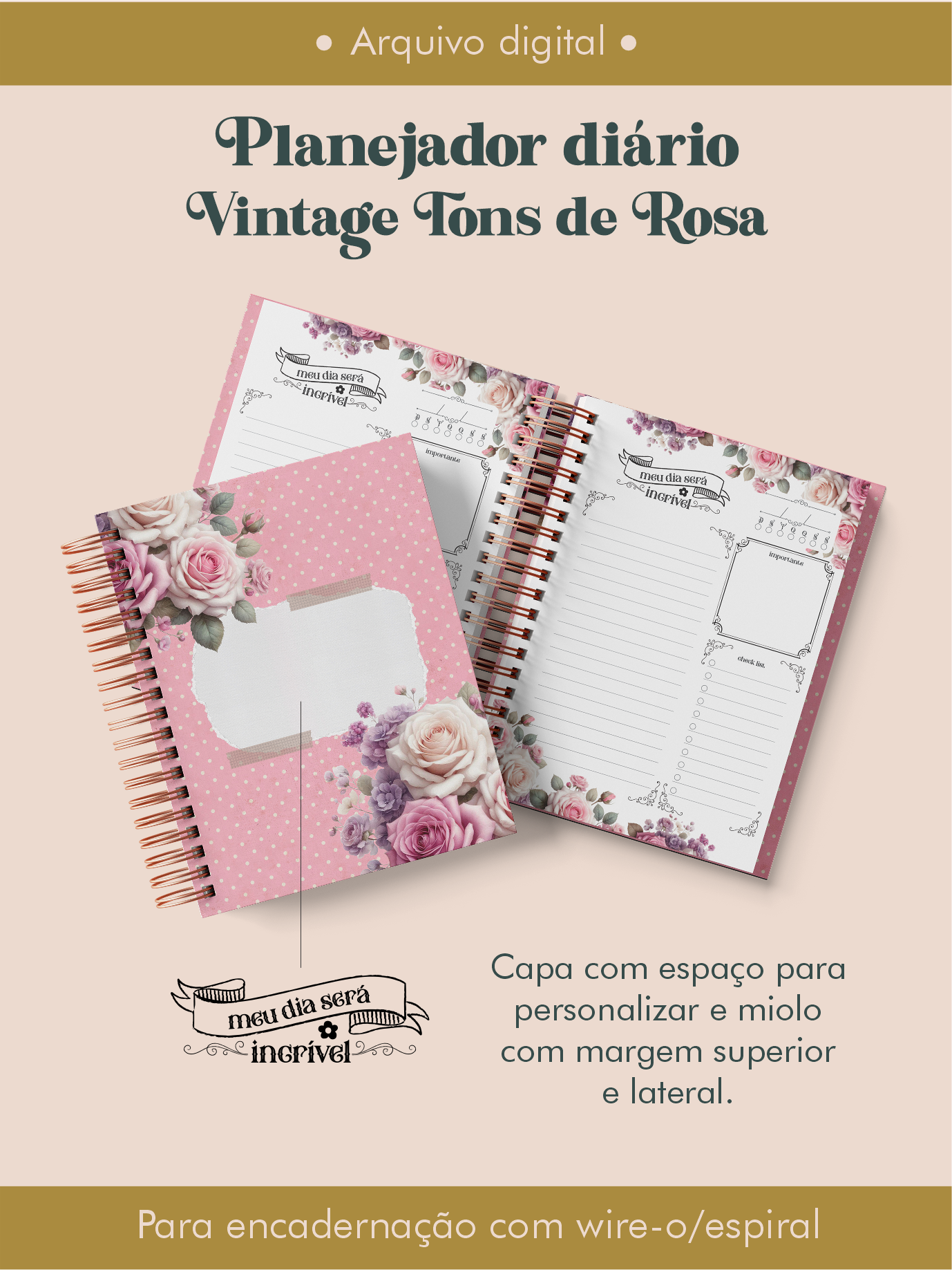 Planejador diário Vintage Tons de Rosa wire-o