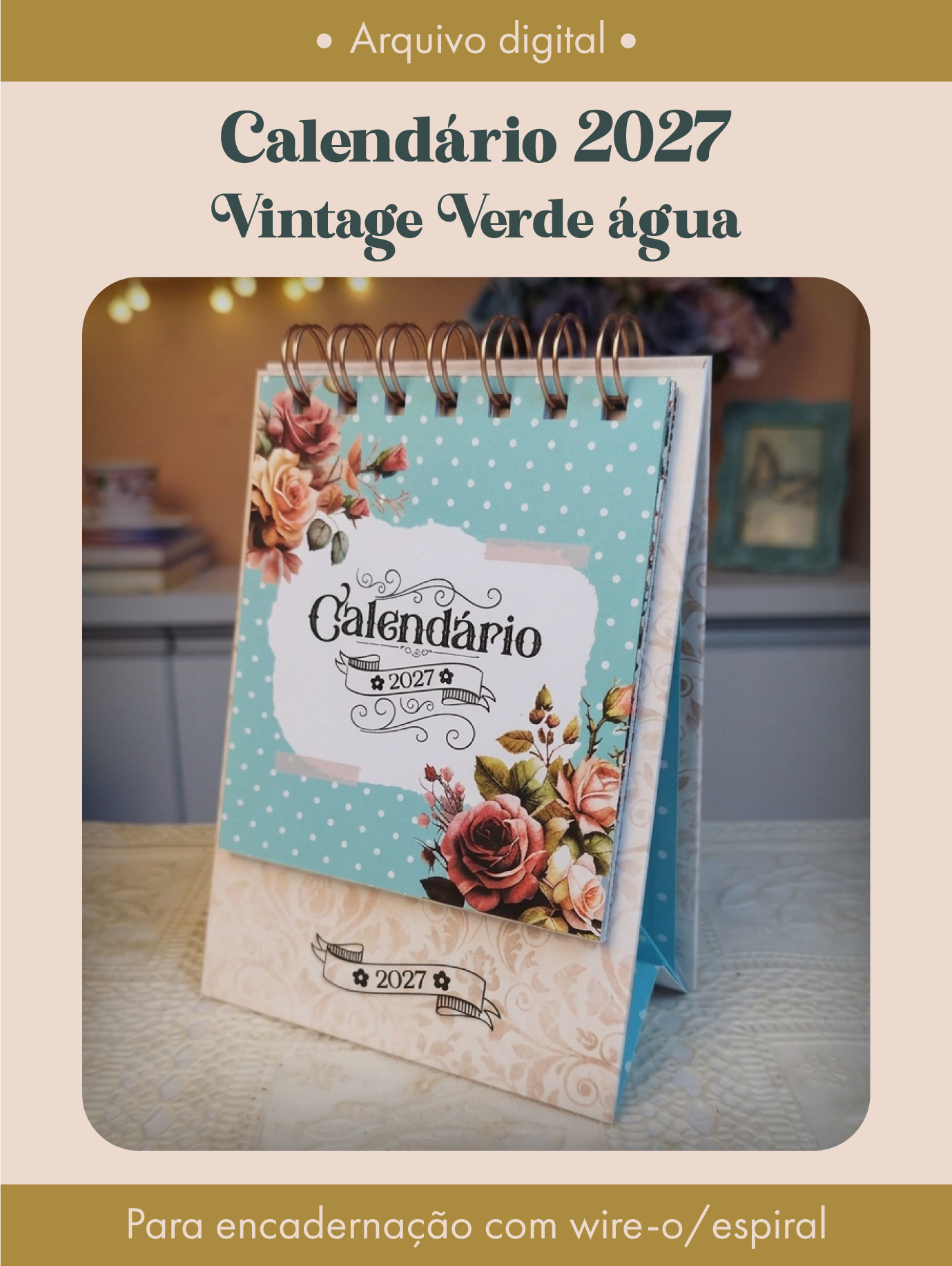 Calendário 2027 Vintage Verde Água