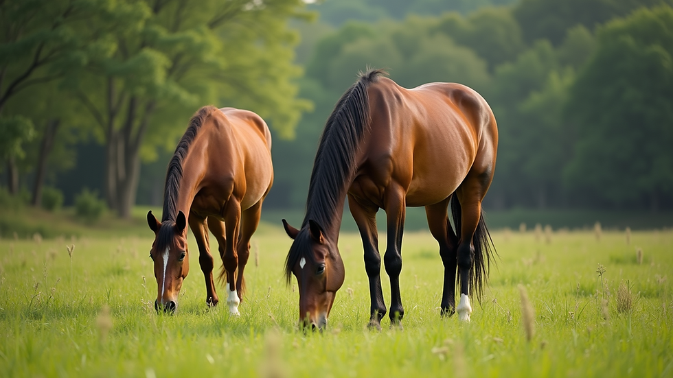 Close-up view of green pasture with healthy horses grazing
