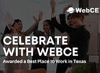 Celebrate with WebCE Awarded a Best Place to Work in Texas by the Best Companies Group blog graphic with employees cheering
