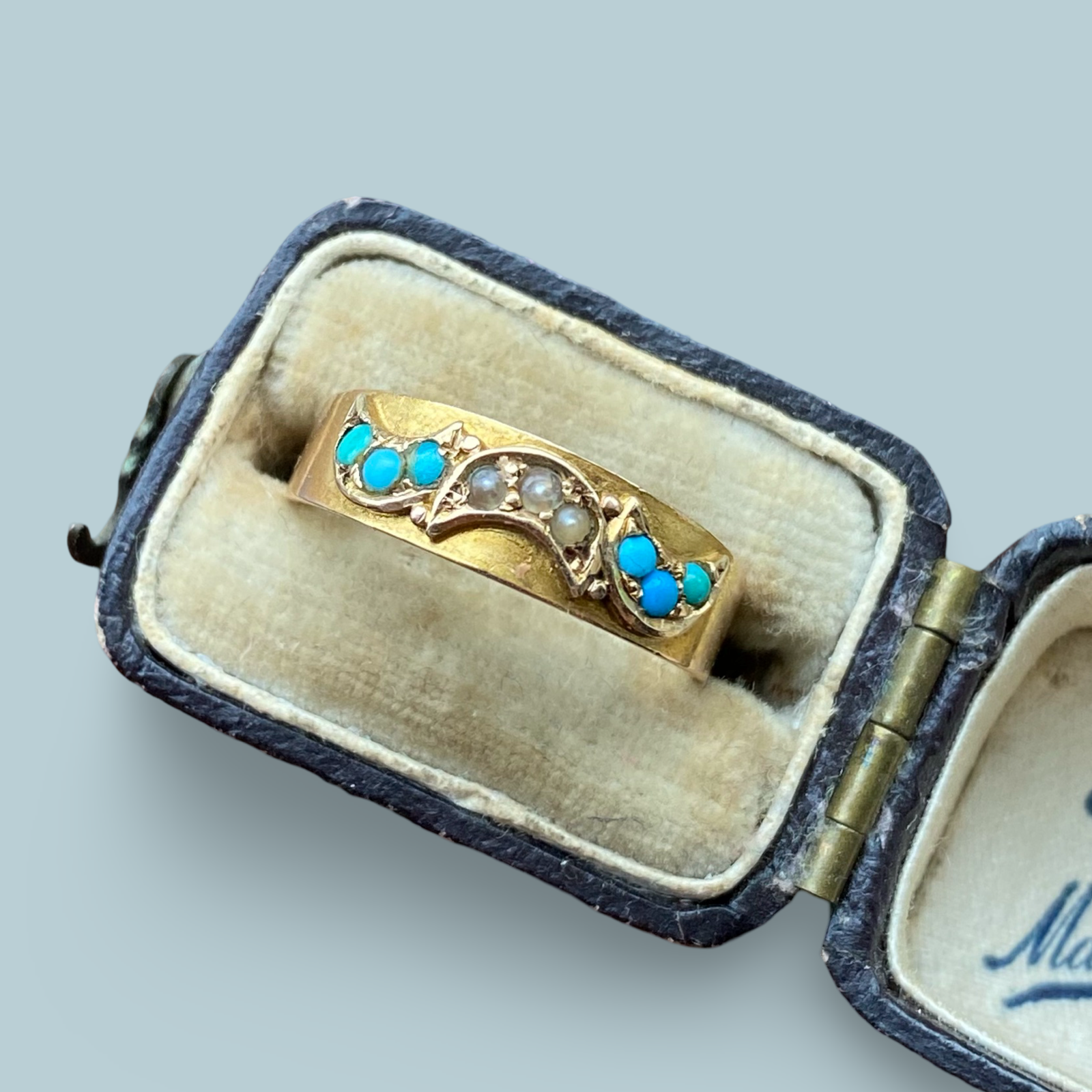 Victorian 15ct Gold Turquoise and Pearl Crescent Moon Ring