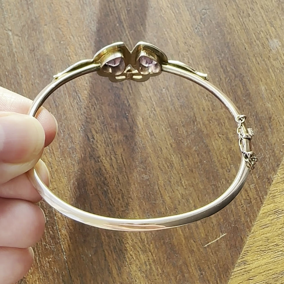 Thumbnail: Edwardian Gold Amethyst and Pearl Double Heart Bangle