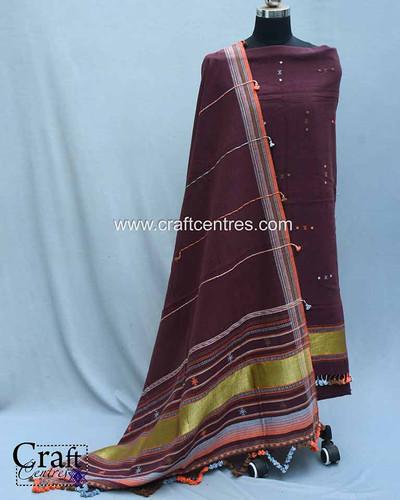 Burgundy Wine & Slate Pure Handloom Kutch Kala Cotton Bhujodi 3-Piece Dress Material main image 0