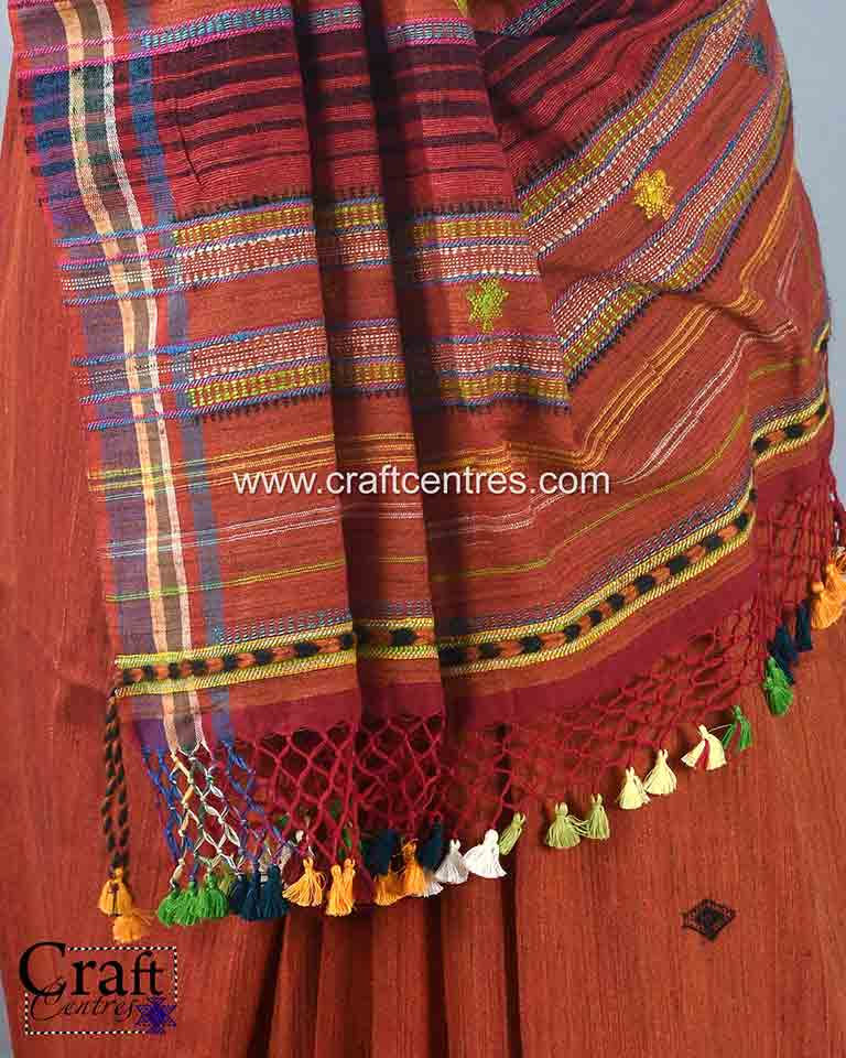 Thumbnail: Red Bhujodi Saree with colorful tassels and www.craftcentres.com visible in image