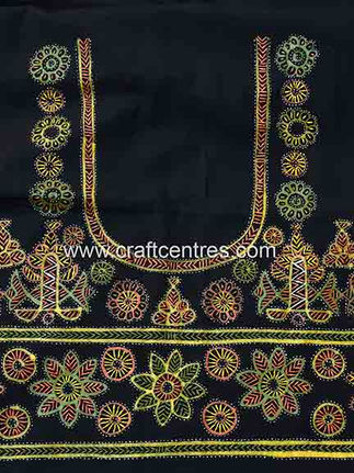 Intricate embroidery on dark fabric, www.craftcentres.com, Bhujodi Saree detail.