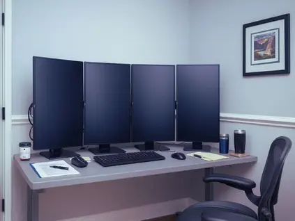 Empty home office desk with four black monitors.