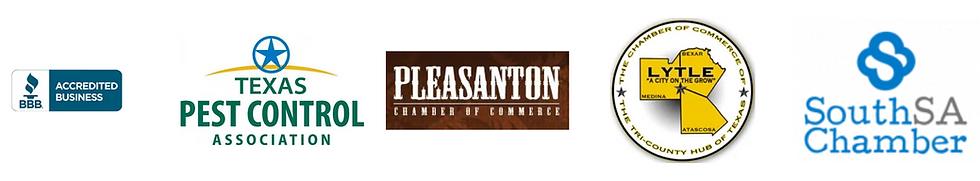BBB Accredited Business, Texas Pest Control Association, Pleasanton Chamber of Commerce, The Chamber of Commerce of Lyle, and South SA Chamber