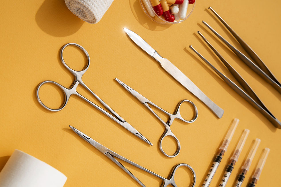 Medical equipment used for surgery laid out together with medication