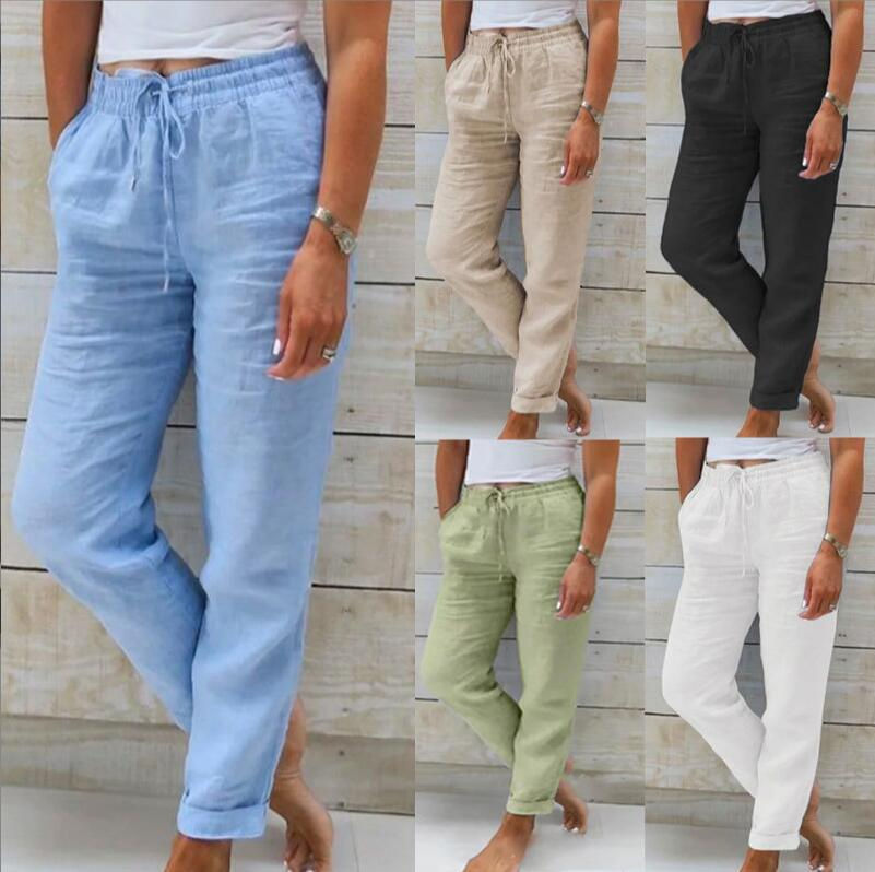 Thumbnail: Cotton Linen Summer Pants for Women High Waist Elastic Casual Trousers Streetwea