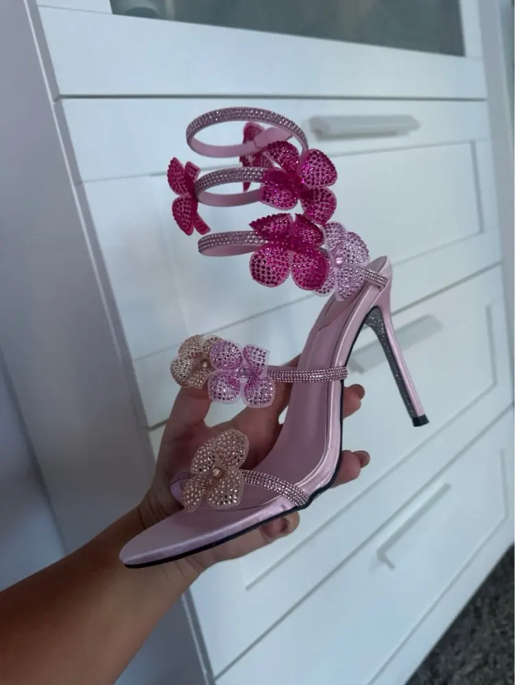 Thumbnail: Aneikeh Sexy CRYSTAL Flower Narrow Band Ankle Strap Sandals Woman Thin High Heel