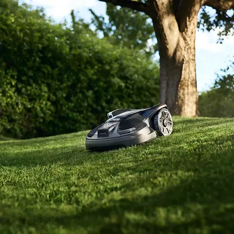 Robotic lawnmower cutting grass