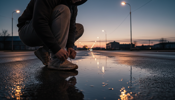 Low-angle view of a person tying running shoes on an empty street before sunrise.