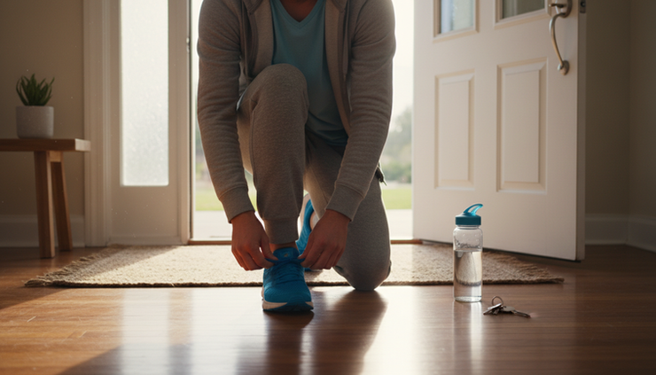 Eye-level view of a person tying running shoes near a front door in morning light