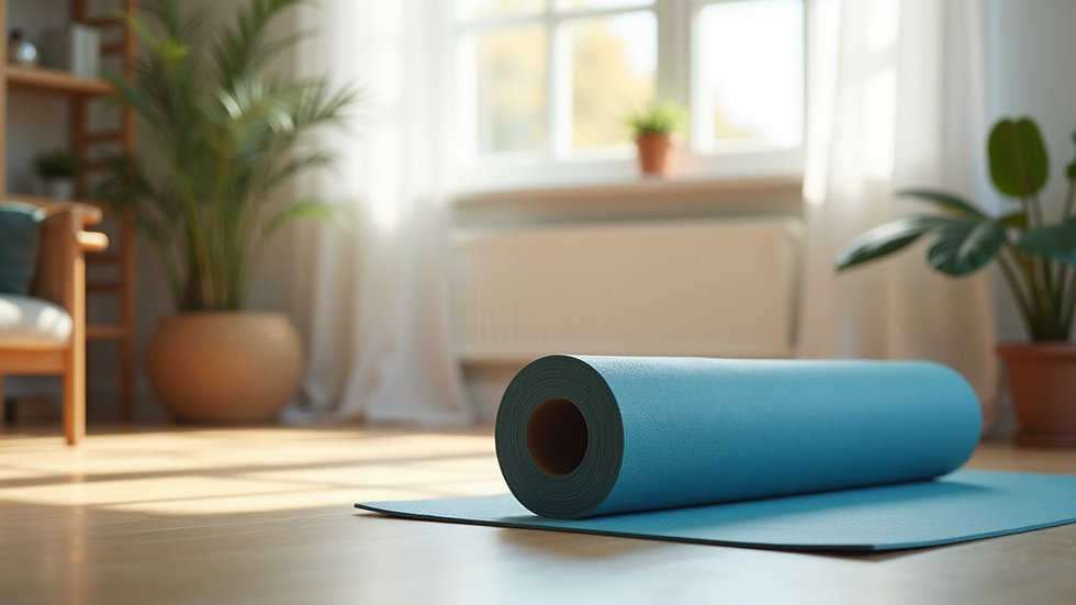 Eye-level view of a yoga mat and foam roller set up in a bright, calm home workout space
