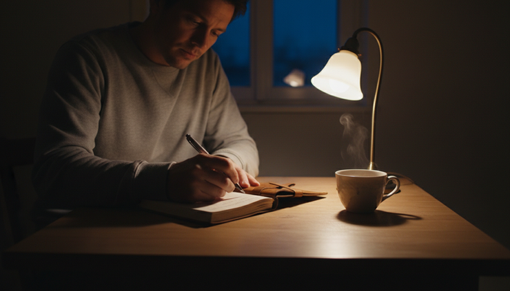 Eye-level view of a person writing in a notebook beside a small lamp at night