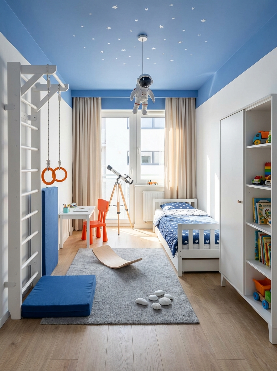 Children's room with blue ceiling with stars, astronaut on lamp, bed, desk, telescope, gymnastic ladder and toys.