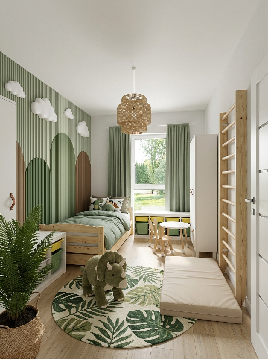 A children's room with green and brown walls, a bed, a stuffed dinosaur on a leaf-print rug, a desk, and a ladder. Light curtains.
